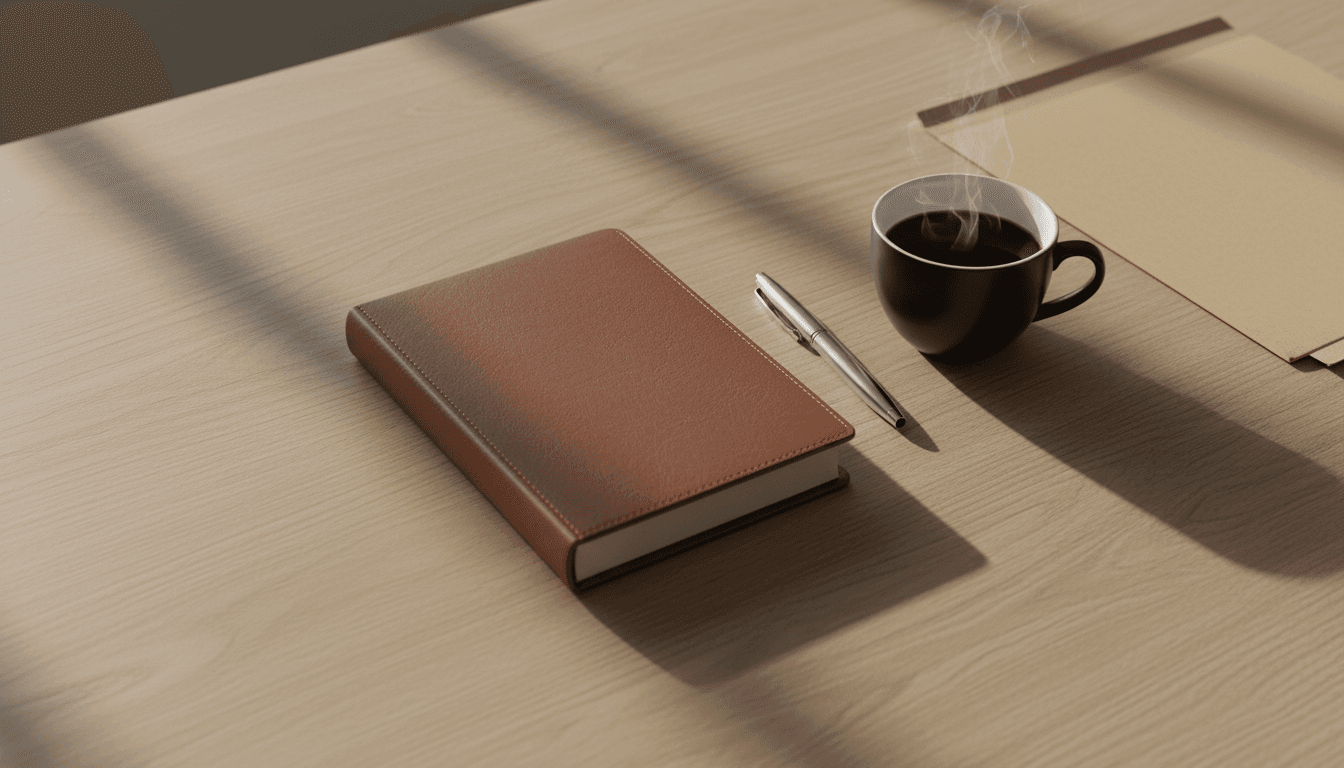 Workspace desk with notebook, pen, and coffee in warm morning light.