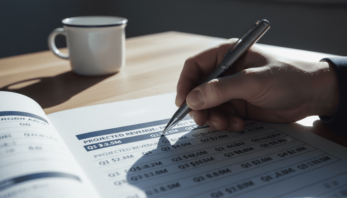 Hand with pen marking revenue projections on a financial report