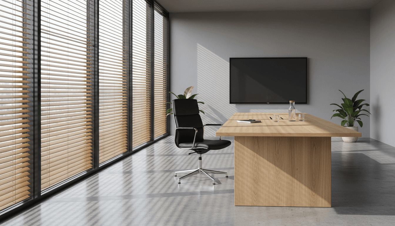 A meeting room with a wooden table and a leather chair, natural light through blinds