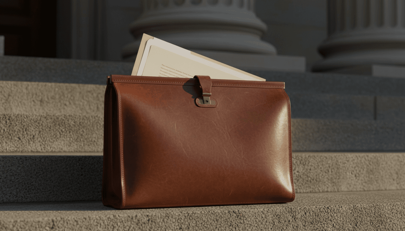 Leather legal courier bag on courthouse steps with legal documents