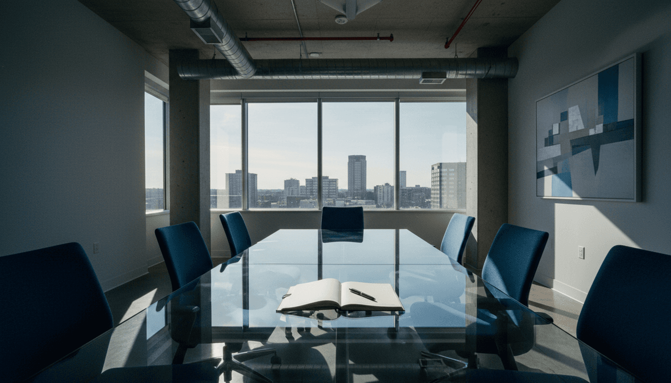 Conference room with notebook on glass table