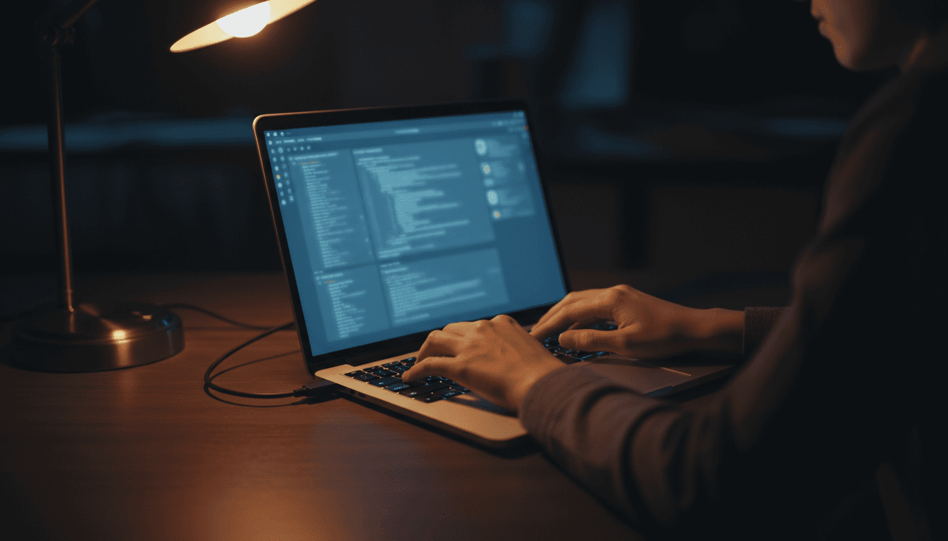 Hands typing on a laptop with interface visible in dark office lighting