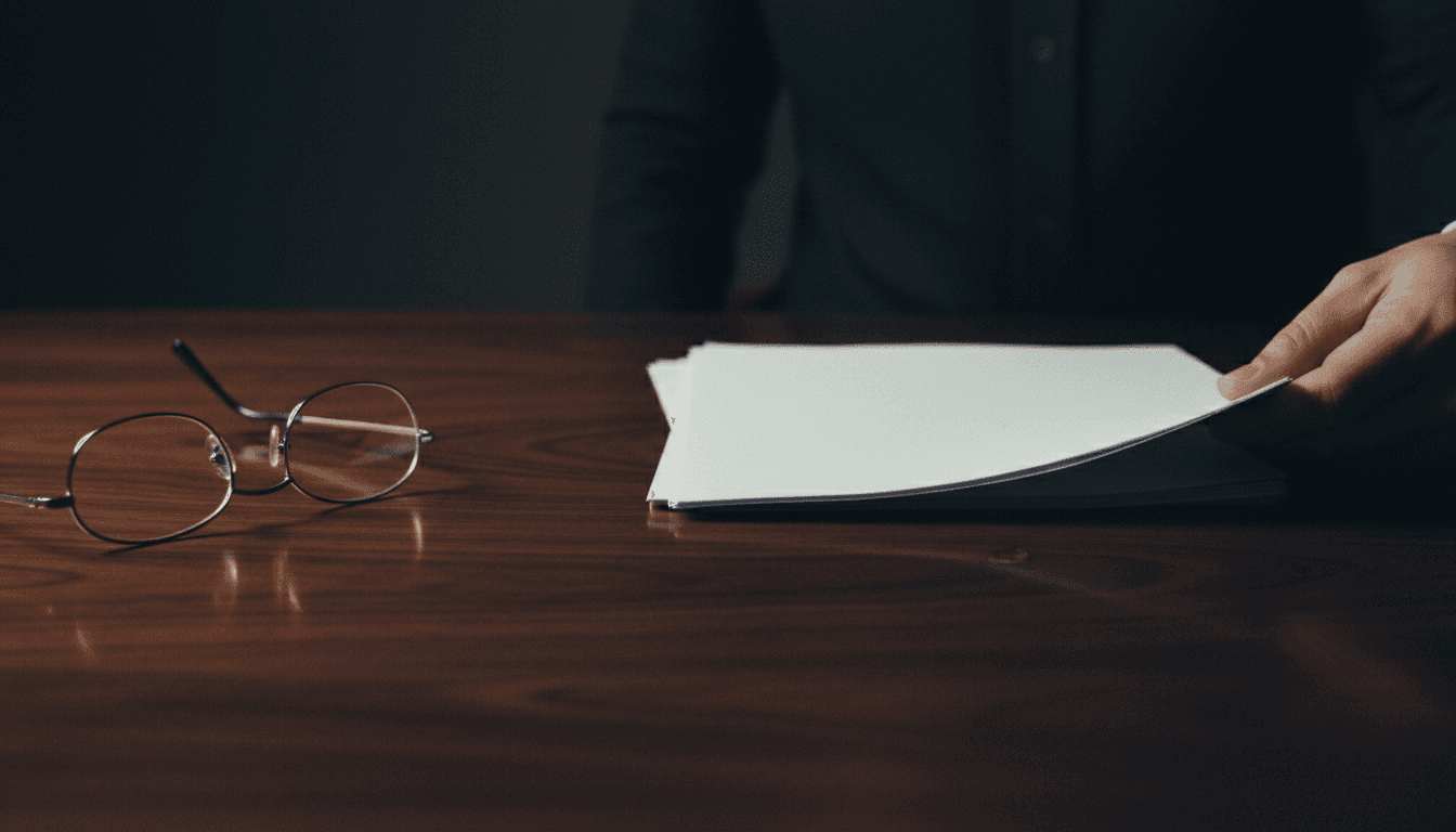 Hand placing a document on a polished wood table in a dark professional setting.