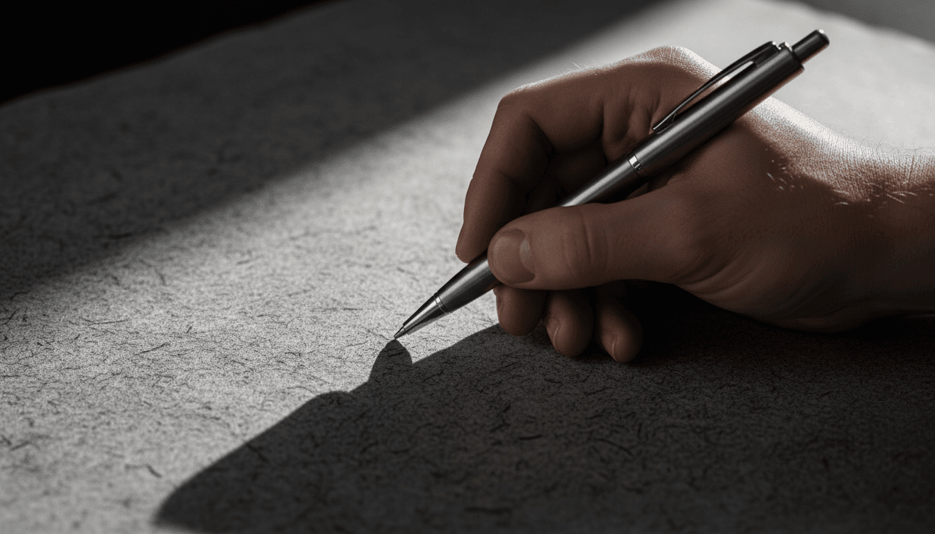 Hand holding pen over paper