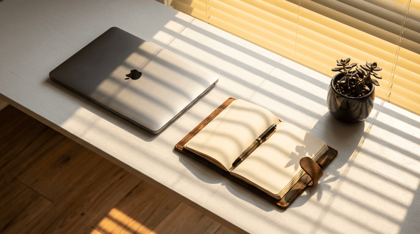A modern office desk with a notebook and a landline phone in soft natural light