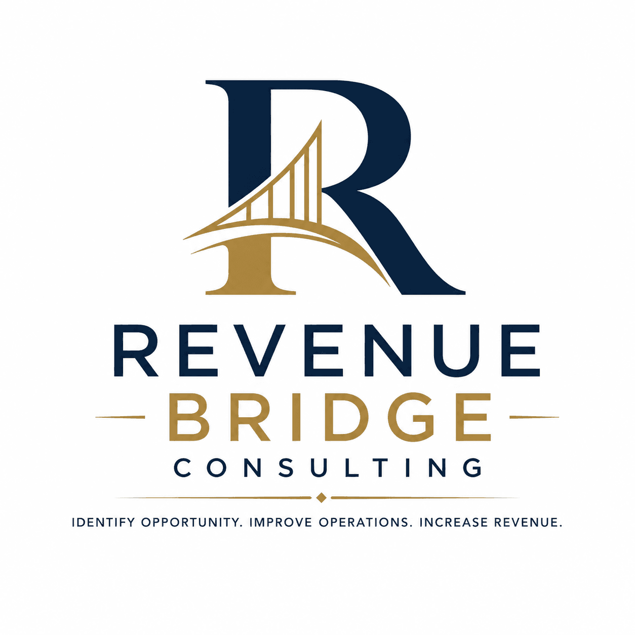 Revenue Bridge Consulting logo featuring a navy and gold stylized R with a bridge icon.